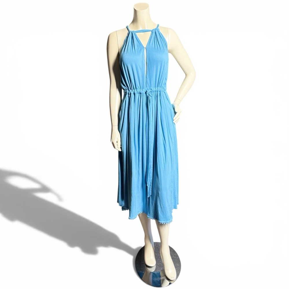 Free People Spring Love Midi Dress XS Blue Rain Halter Open Back Boho Pockets